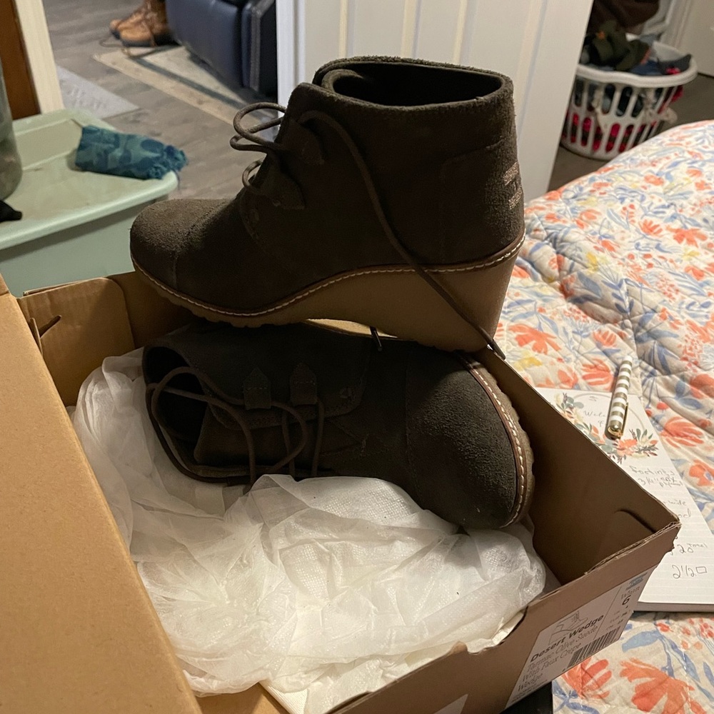 Wedge booties by Toms olive suede with Faux Crepe wedge